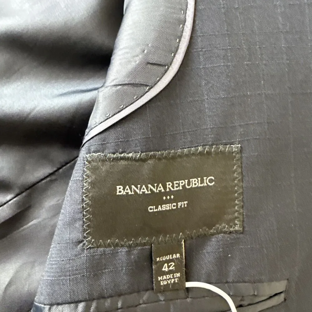 Banana Republic Suit Mens 42R Navy Blue Sport Coat 2 Button Pants 33x32 Plaid